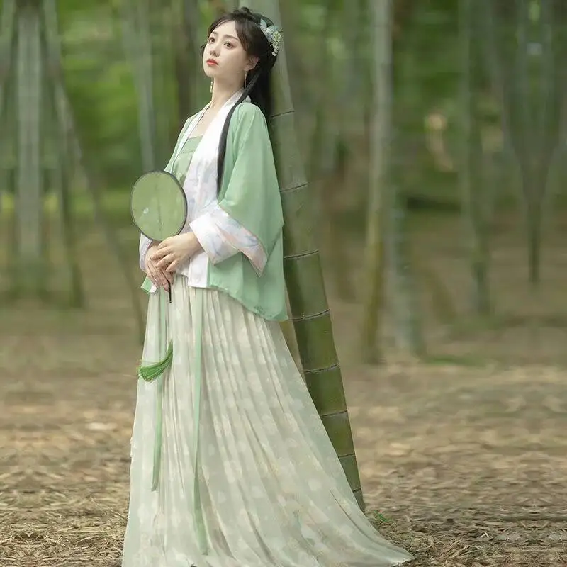 طقم فستان هانفو الصيني فستان مطوي أخضر معجون الفول فستان مطرز صيني تقليدي للنساء أزياء كلاسيكية آسيوية #6