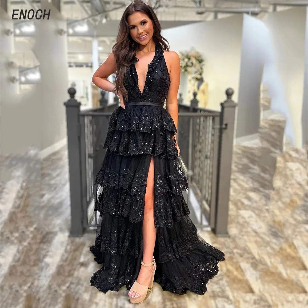 ENOCH-Vestidos com lantejoulas A-Line Prom, fenda lateral, decote em V sem mangas, vestido de festa sem costas, até o chão, Robes modernos