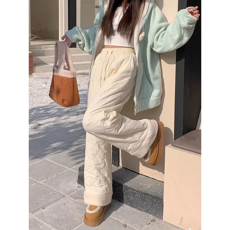 QWEEK Oversized Lamb Brushed Pants for Women Winter Fleece Pink Korean Fashion Baggy Cute Cotton-padded Trousers Harajuku Kawaii