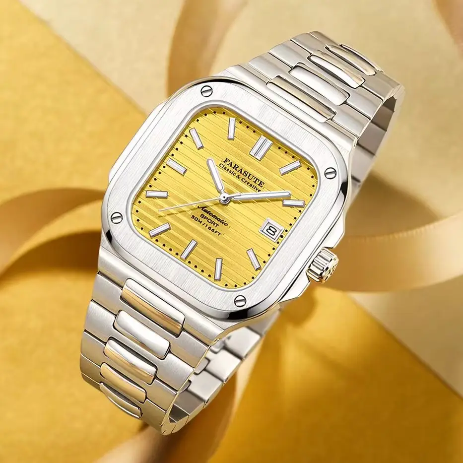 FARASUTE Men Automatic Watch 38mm Square Mechanical Wristwatch Luminous Sapphire Mirror 50m Waterproof Miyota 9019