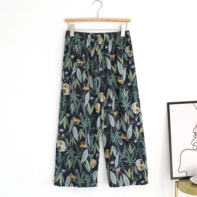 Printed Loose Cropped Trousers Women's Summer Thin Women's Wide-leg Pants Side Pockets Cool Cotton Home Pants Pyama Dames