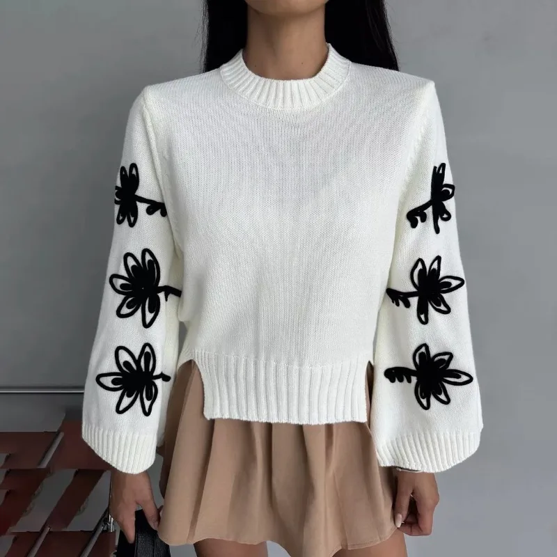 Floral Line Embroidery Sweaters For Women Simple Autumn New Fashion Elegant And Chic Round Neck Long-Sleeved Short Tops