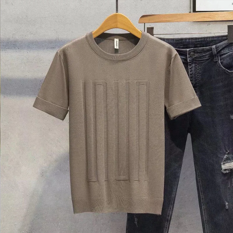 

Summer Ice Shreds Men Short Sleeve Solid Color Thin Style Round Neck Slim Knitting Light Ripening Office Lady Large Size T-shirt