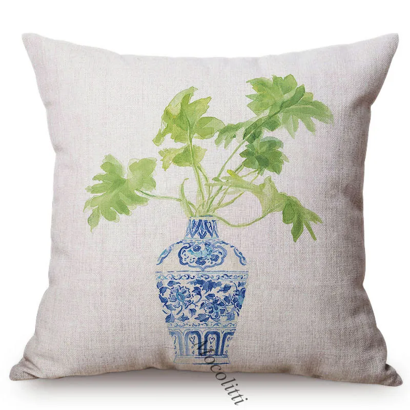 Chinese Style Blue And White Porcelain Florals Pattern Cushion Cover Banana Leaf Decorative Sofa Throw Pillows Bed Pillowcase