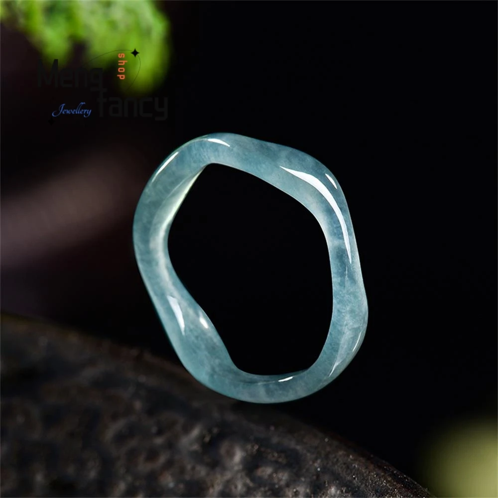 Natural A-grade Jadeite Blue Water Ripple Ring With Three-dimensional Carving of Ice Jade Personality Couple Exquisite Jewelry