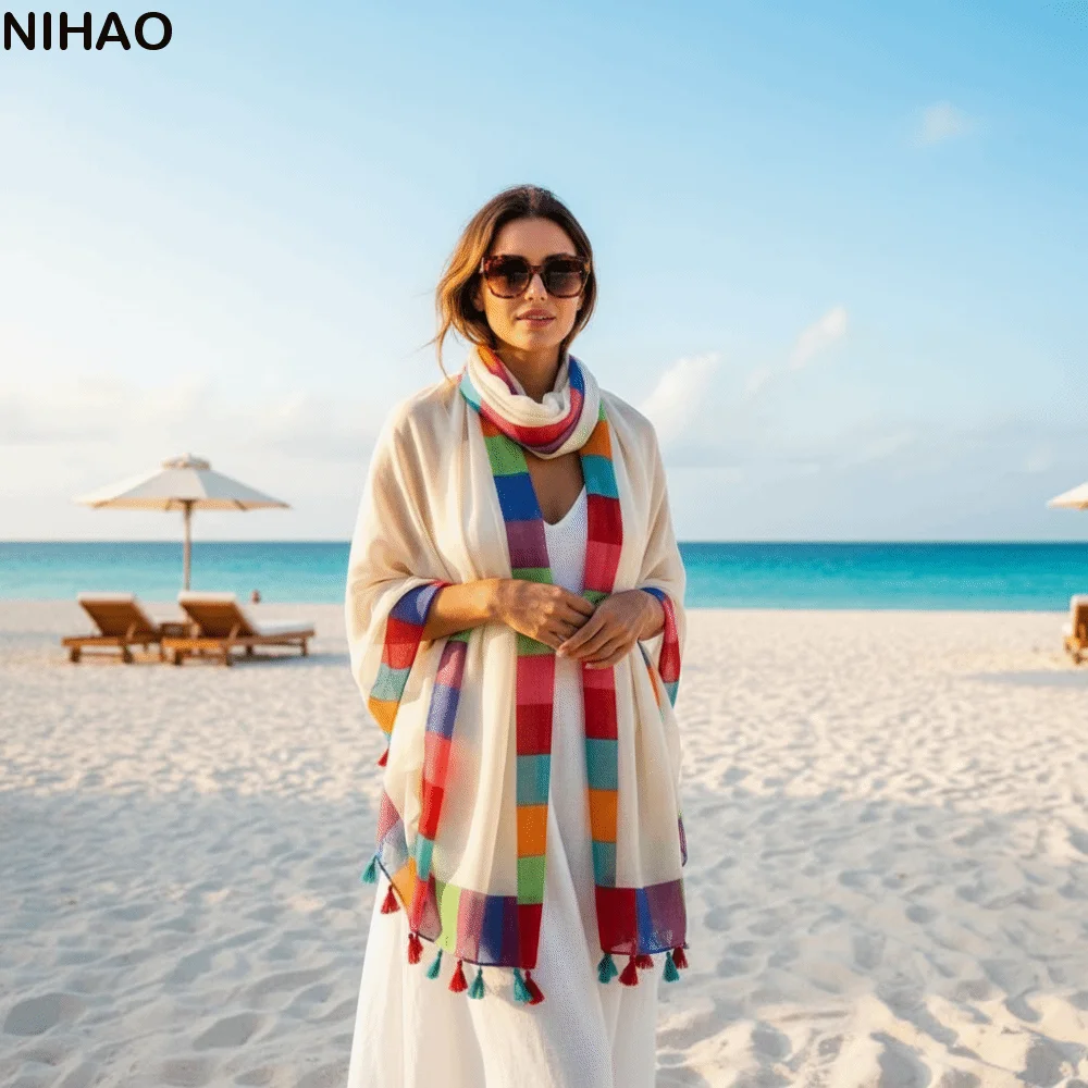 Fringe Pashmina Rainbow-Border Linen Scarf Tasseled Color-Block Beach Wrap Boho-Style Lightweight Sunscreen Sarong Travelers