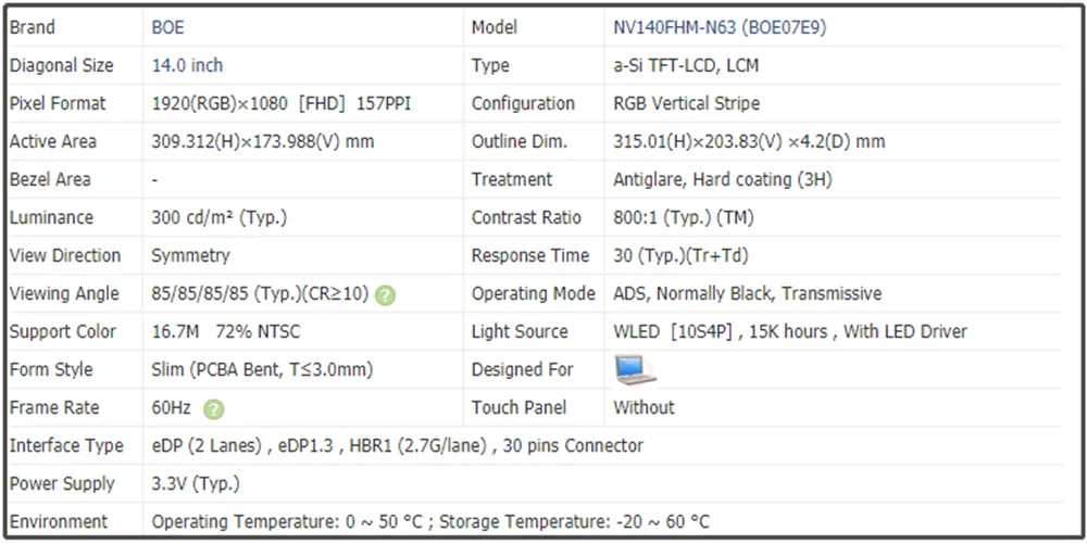 NV140FHM-N63 ekran LCD NV140FHM N63 14 Cal FHD 1920x1080 EDP 30 pinów IPS 72% NTSC Non-touch