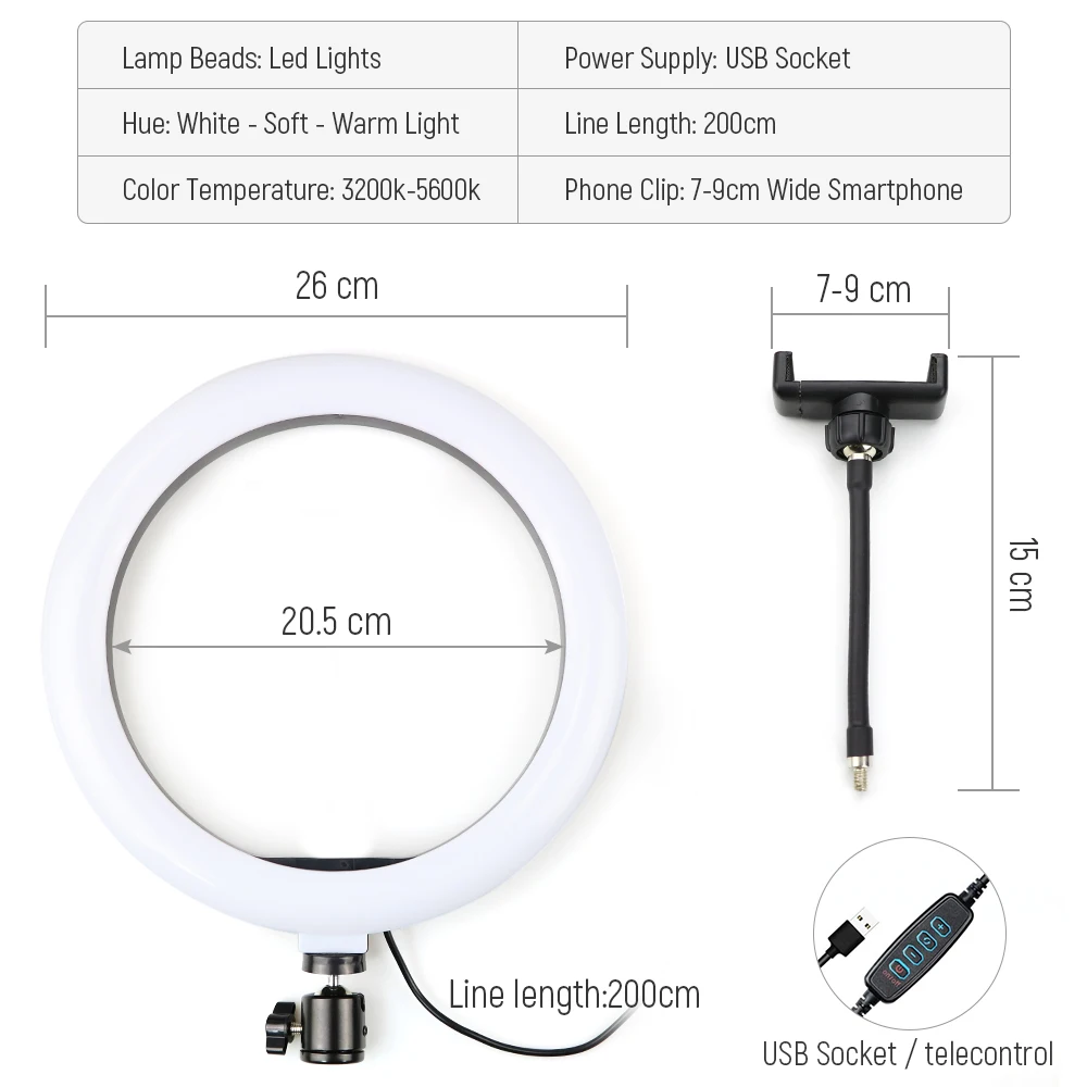 26CM 10Inch LED Selfie Ring Light Round Ring Lamp with Phone Holder Photography Fill Lighting with Tripod for Youtube Live Video