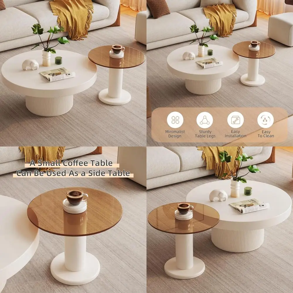 

Pair of Nesting Coffee Tables with Round Tops and Adjustable Glass Side Tables, Ideal for Living Rooms, Bedrooms, and Balconies