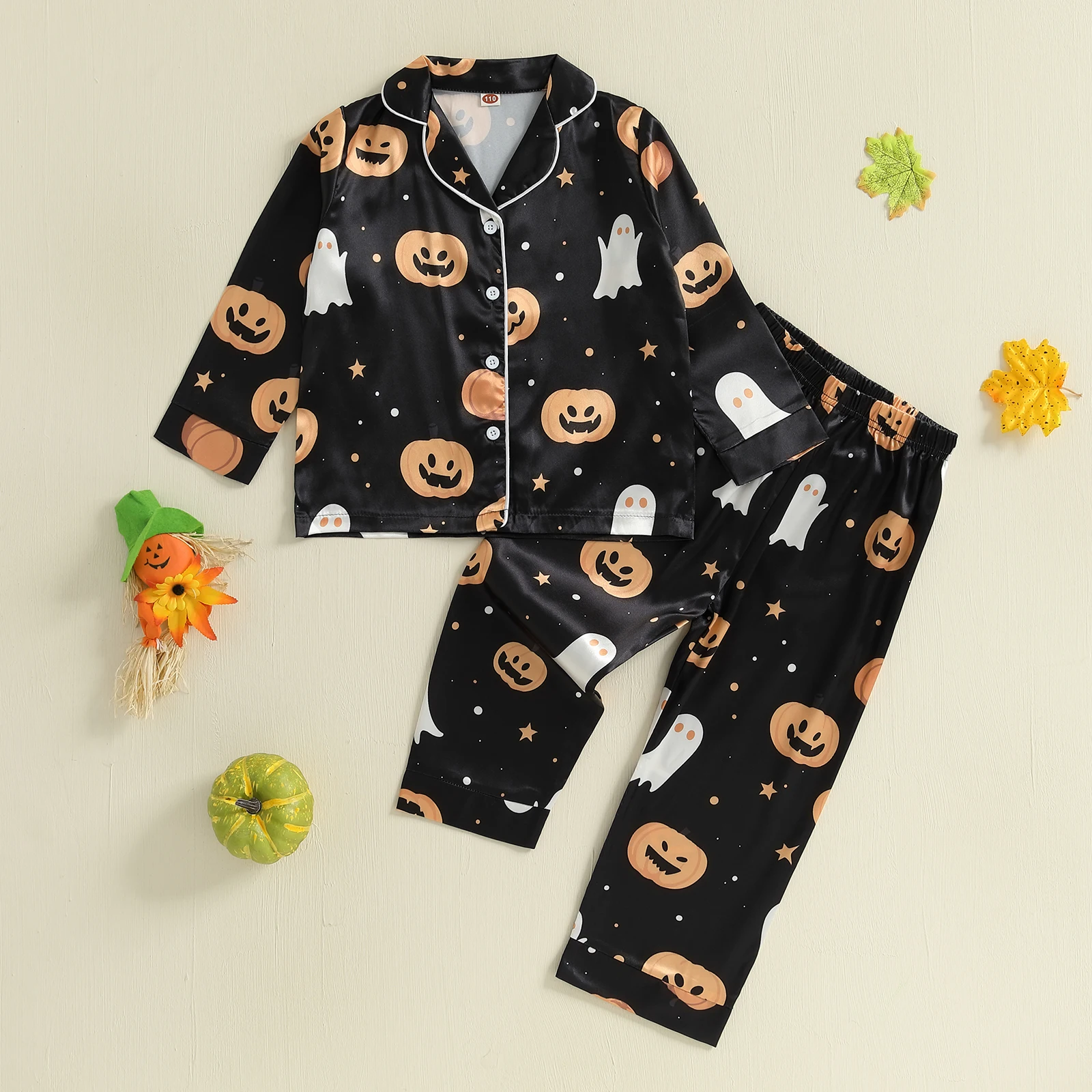 

Boys 2Pcs Halloween Pajamas Set Long Sleeve Lapel Collar Shirt with Elastic Waist Pants Set Toddler Fall Sleepwear