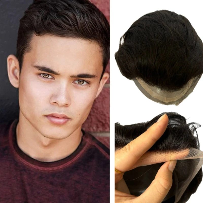 100% Remy Human Hair Toupee Hair Wigs For Men Double Knotted Skin PU Base Replacement Single Split Knot Toupee 6 Inches