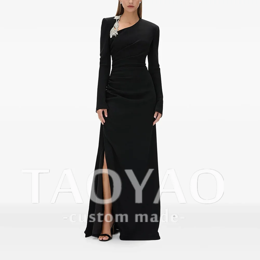 

Черное вечернее платье русалки по индивидуальному заказу с длинными рукавами и кристаллами с v-образным вырезом и бисером, вечернее платье, элегантное свадебное платье с разрезом