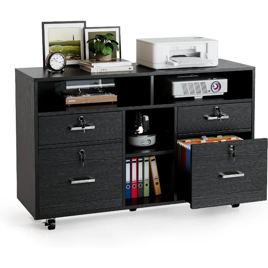 Home Office Wood Mobile File Cabinet with 4 Drawers and Shelves, Printer Stand with Open Storage, Locking Lateral Filing Cabine