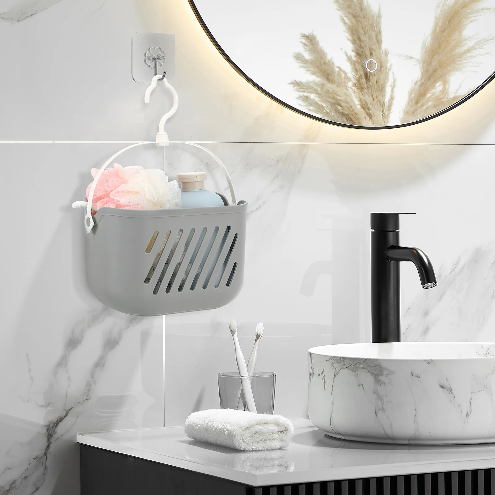 

Storage Basket with Hook Plastic Hanging Organizer Waterproof Colorfast Rustproof for Kitchen Bathroom Organization