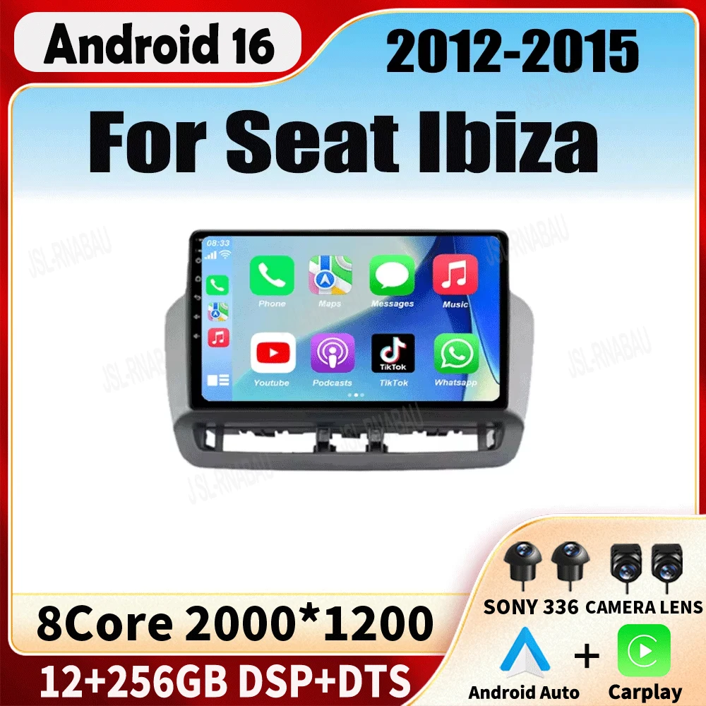 For Seat Ibiza 2012-2015 Android 16 QLED Touch Screen Auto 12G+256G Radio Car Multimedia Video Player 5G WIFI BT GPS Navigation
