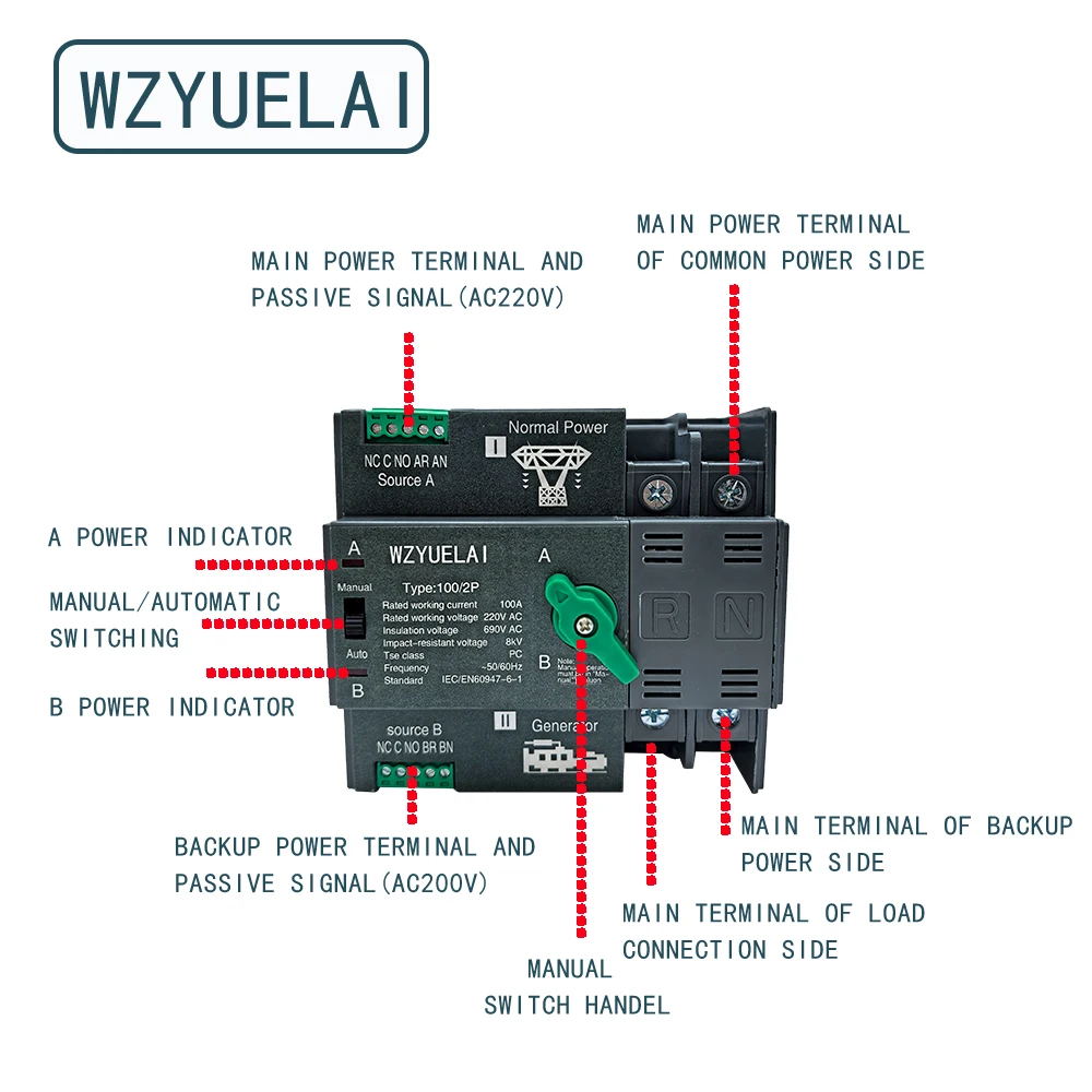 2/3/4P 32A/ 63A/ 100A 220V ATS Automatic Transfer Switch Electrical Selector Switches Dual Power Switch PV Solar Energy Din Rail