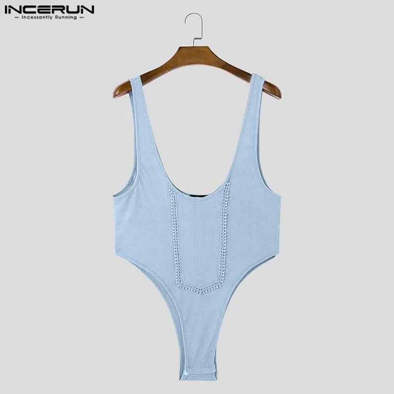 INCERUN 2024 Amerikanischen Stil Stilvolle Loungewear Männer U-ausschnitt Pit Streifen Dreieck Overalls Sexy Solide Bequeme Ärmellose Strampler