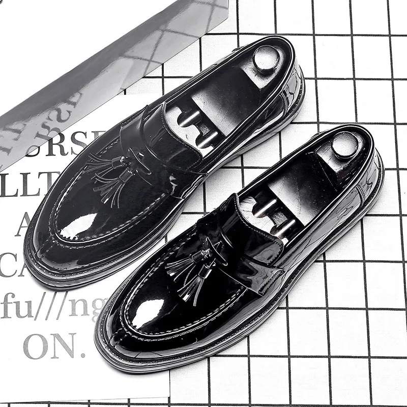 

men's leisure business office formal dress patent leather tassels shoes slip-on driving shoe black breathable platform loafers
