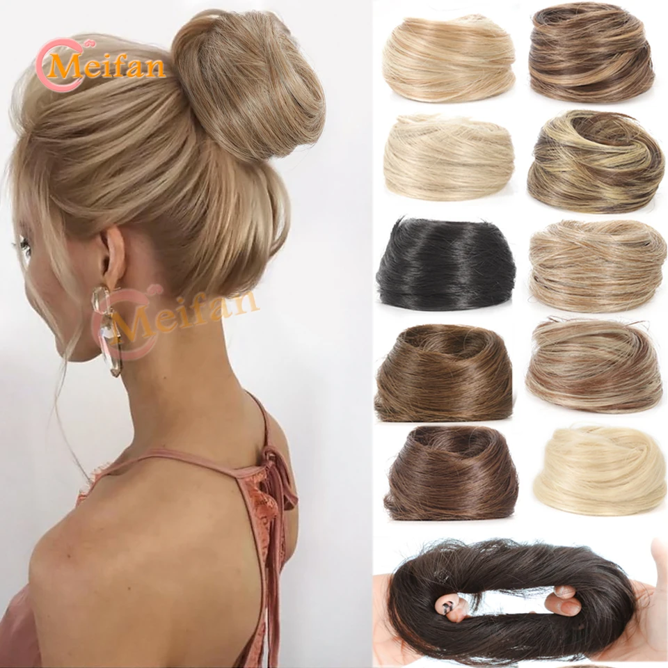 MEIFAN sentetik düz Chignon elastik lastik bant ile sahte saç Bun klip saç kuyruk uzatma Updo saç parçası Wome için