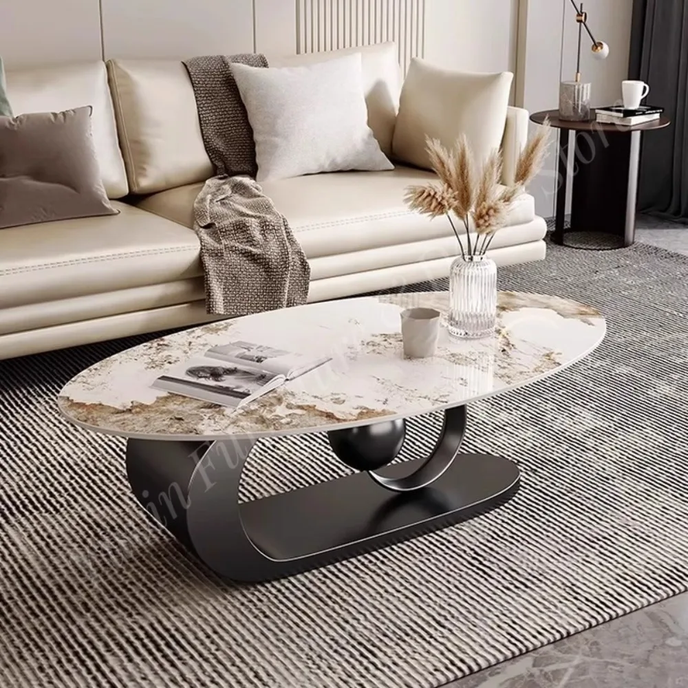 Italian Light Luxury Oval Metal Stone Slab Top Coffee Table for Living Room Small Apartment High-end Simple Design