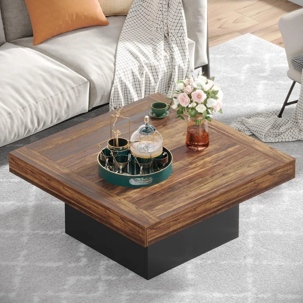 Square LED Coffee Table, Engineered Wood Low Coffee Table, Center Table for Living Room, Rustic Brown & Black, Free Shipping