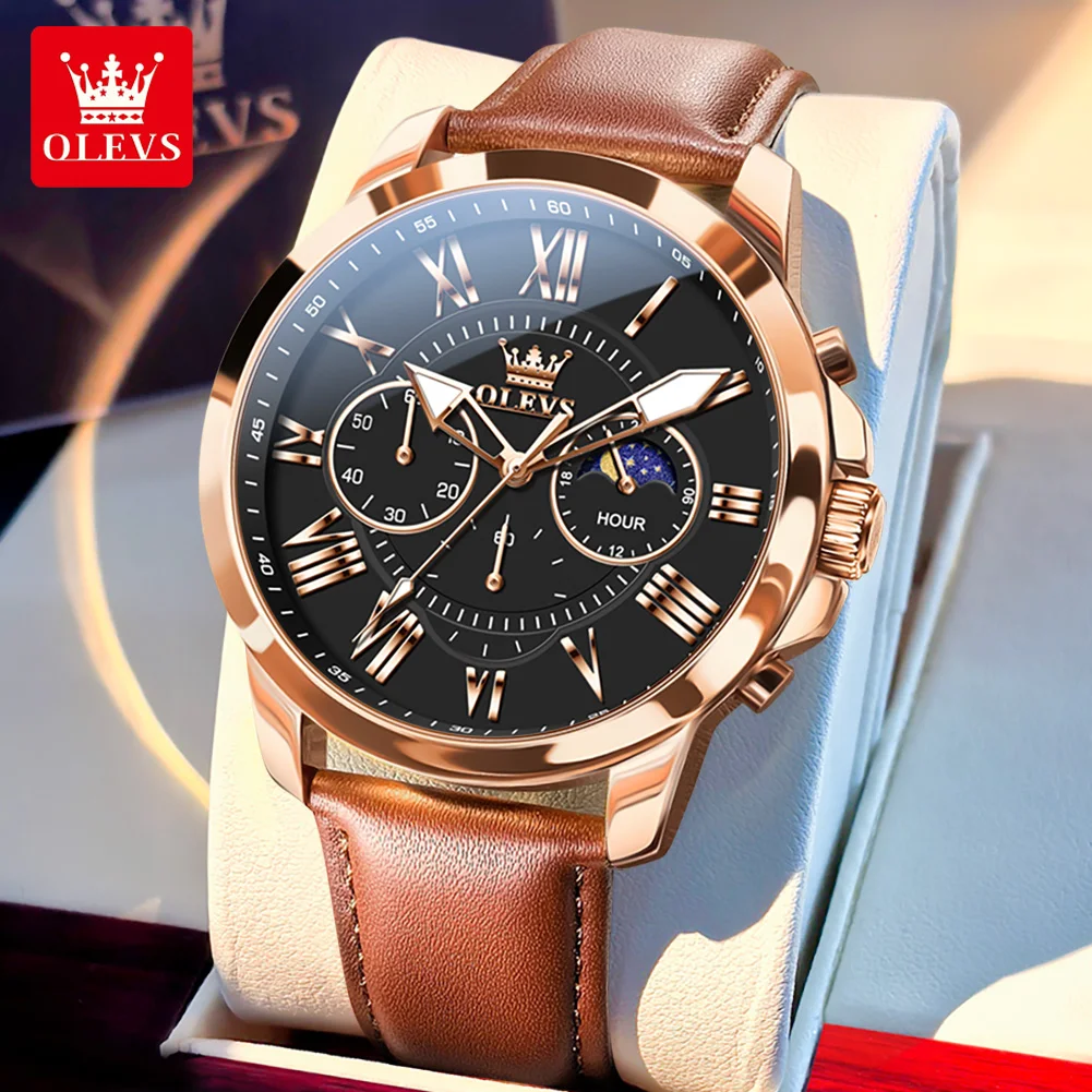 OLEVS New Men's Watches Original Fashion Comfortable Leather Strap Waterproof Moon Phase Quartz Watch for Male Chronograph Watch