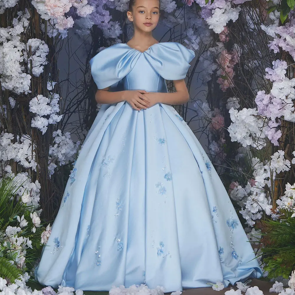 

Blue Satin Elegant Flower Girl Dress For Wedding Puffy Floor Length Princess Ball Gown Kids Birthday First Communion Dress 2024