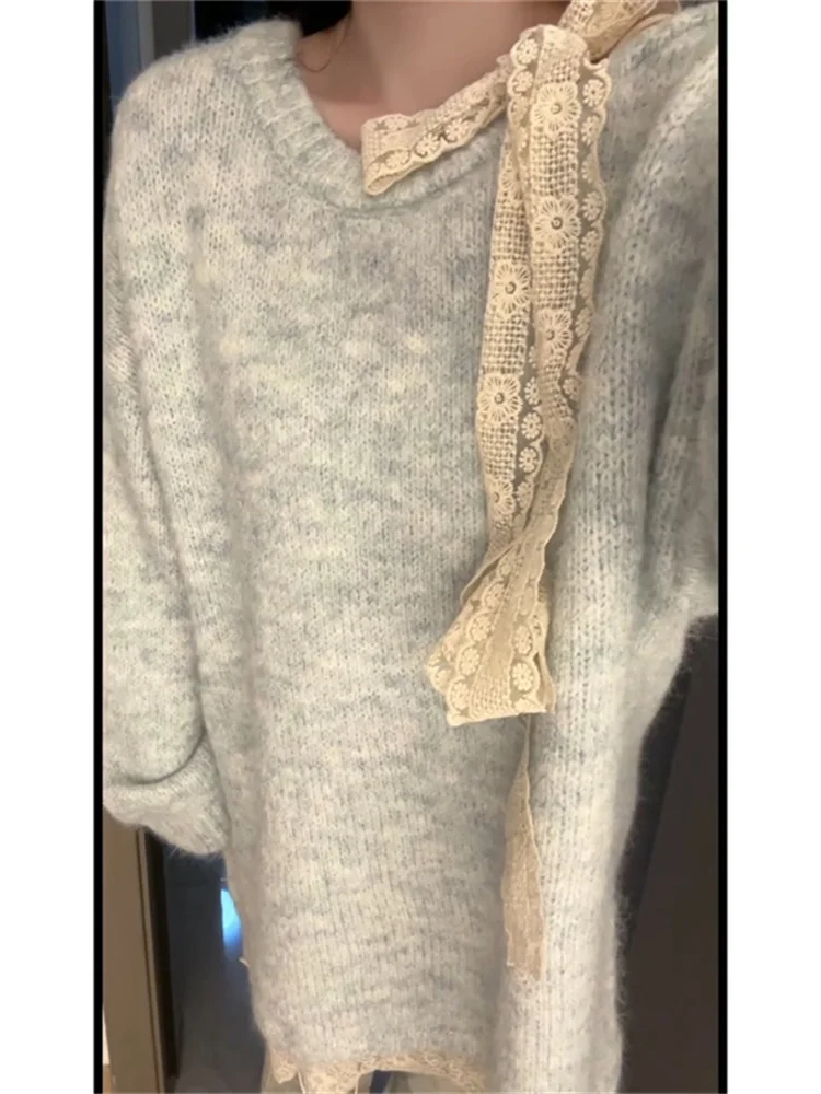 سترة نسائية أنيقة وحلوة بتصميم عقدة على الكتف، موضة ربيع 2026 الجديدة، بلوزة محبوكة جميلة على الطراز الكوري بقصة عادية