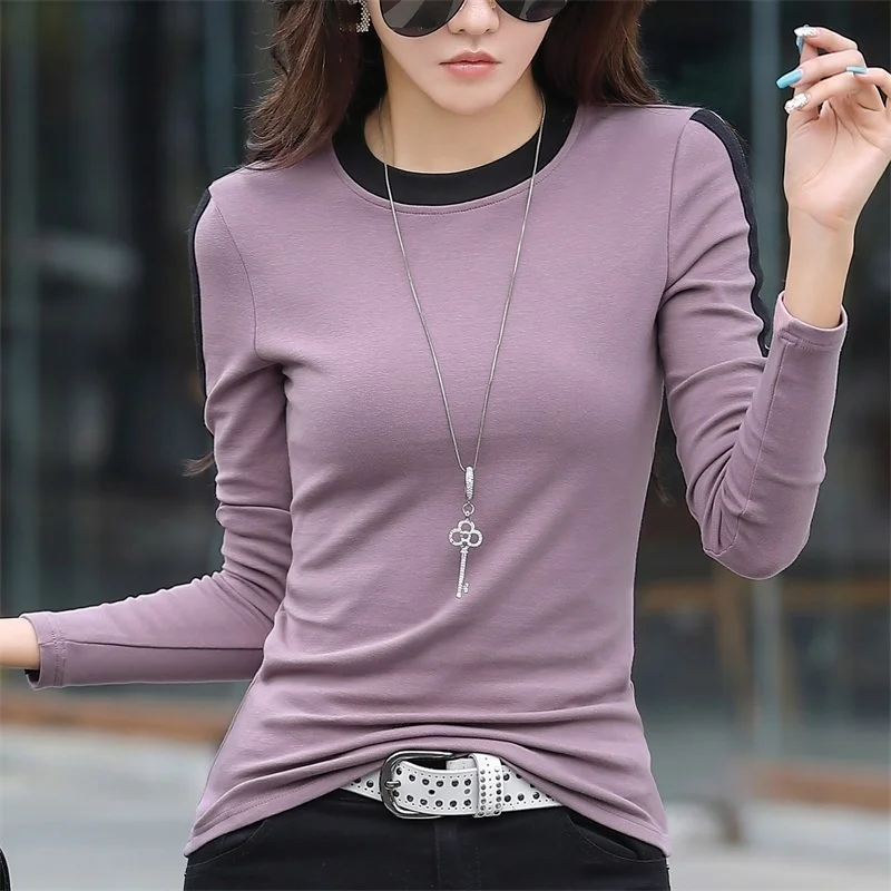 #0354 Casual T-shirt Women O-neck Stretch Cotton Skinny Basic T Shirt Femme Slim Korean Fashion Women T-shirt 3XL Spring Autumn