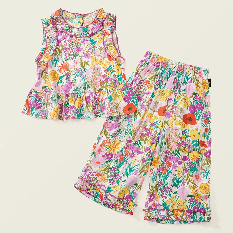 

2Piece 2025 Summer Clothes Girls Outfit Sets Korean Fashion Flowers Print Sleeveless Baby Tops+Pants Boutique Kids Clothing B044