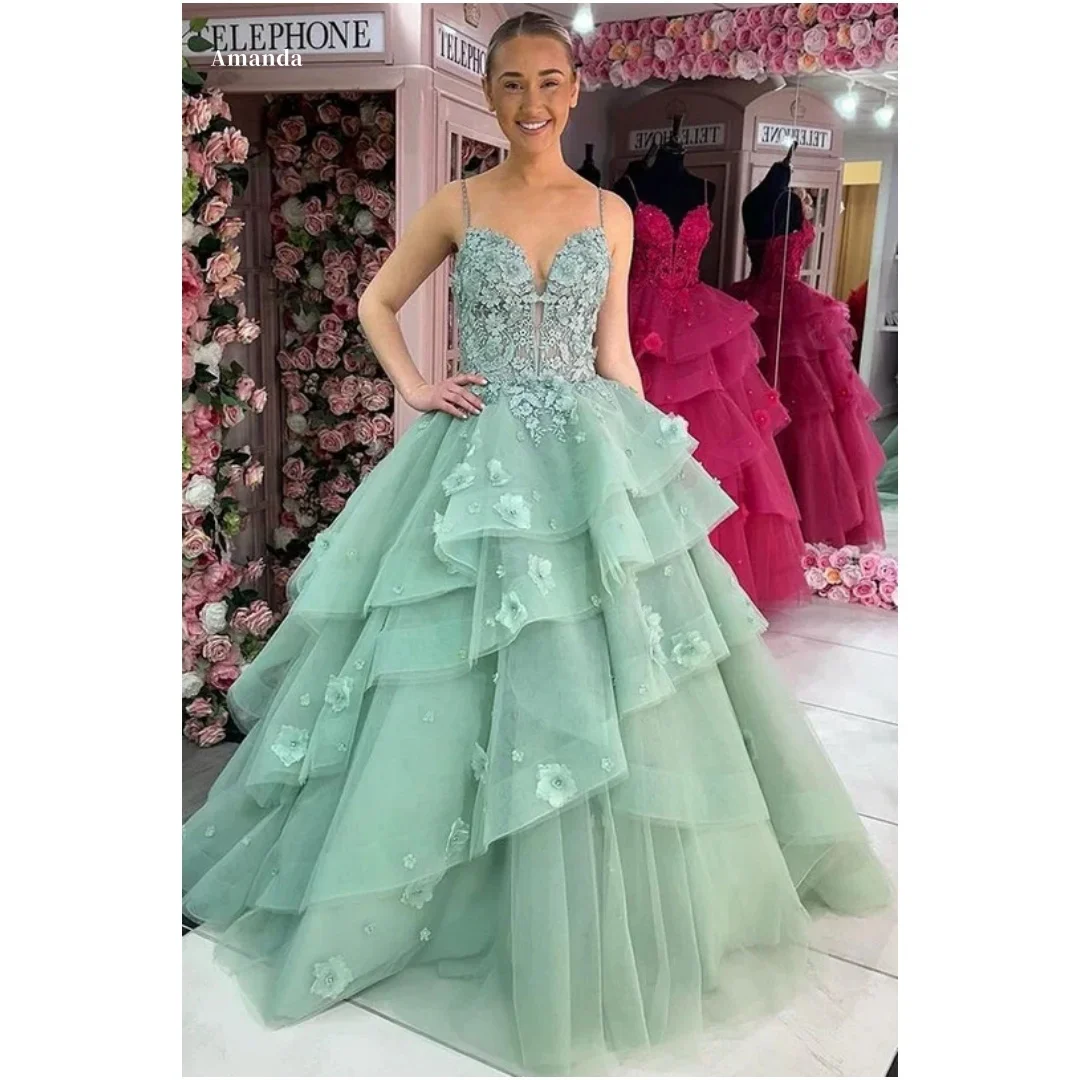 

Аманда, индивидуальное светло-мятно-зеленое бальное платье на тонких бретельках с глубоким V-образным вырезом и кружевной вышивкой, 3D цветочное тюлевое многослойное бальное платье с рюшами макси 2025