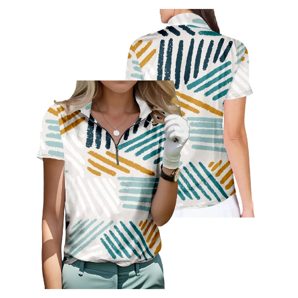 Abstract Stripes Design Short Sleeve Golf Shirt Breathable Quick Dry Half Zip Tops Fashion Streetwear Women Sportswear