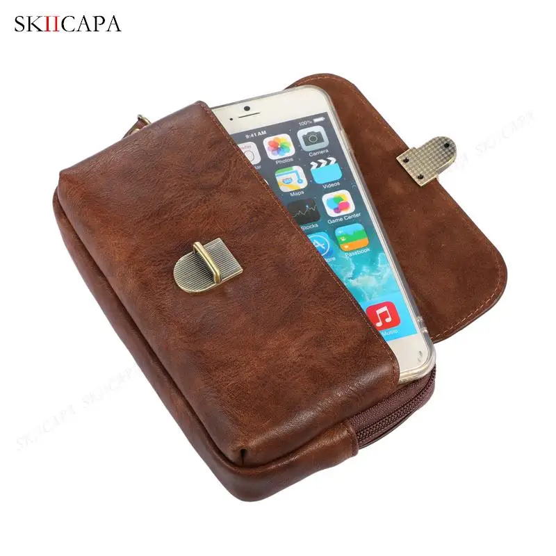 Universal Leather Phone Case Pouch For Samsung iPhone Xiaomi Huawei Oppo Zipper Wallet Phone Cover Belt Clip Holster Waist Bag