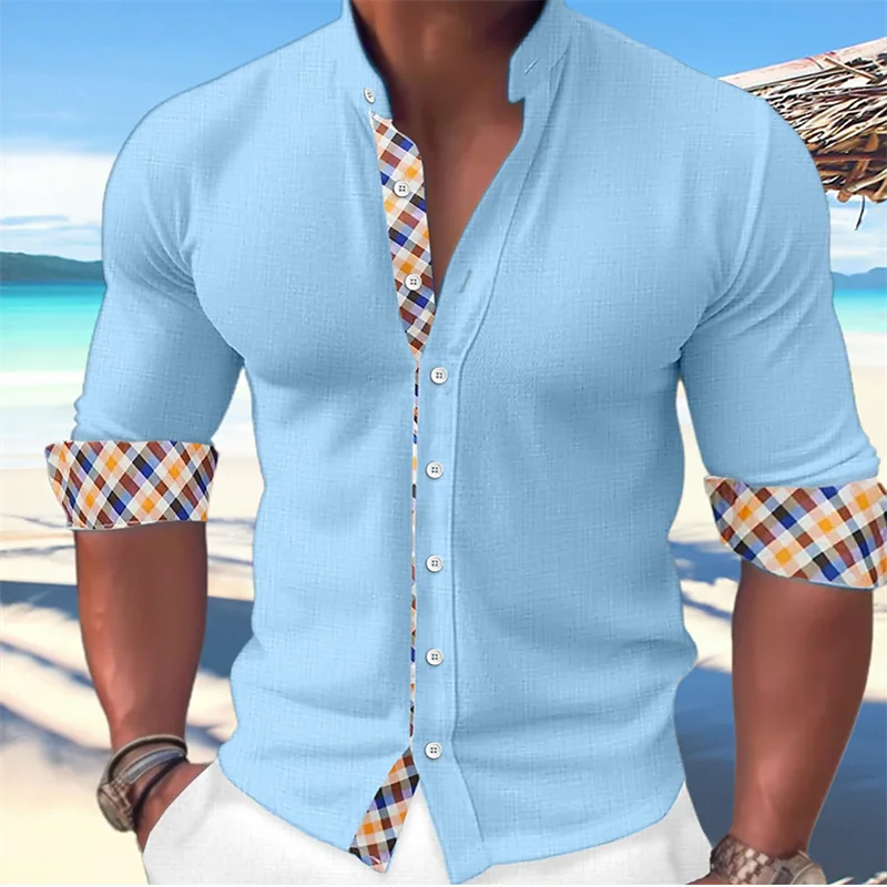 2023 Men's Shirt Button Casual Shirt Summer Beach Shirt Black White Long Sleeve Colorful Stand Collar Casual Patchwork Clothes