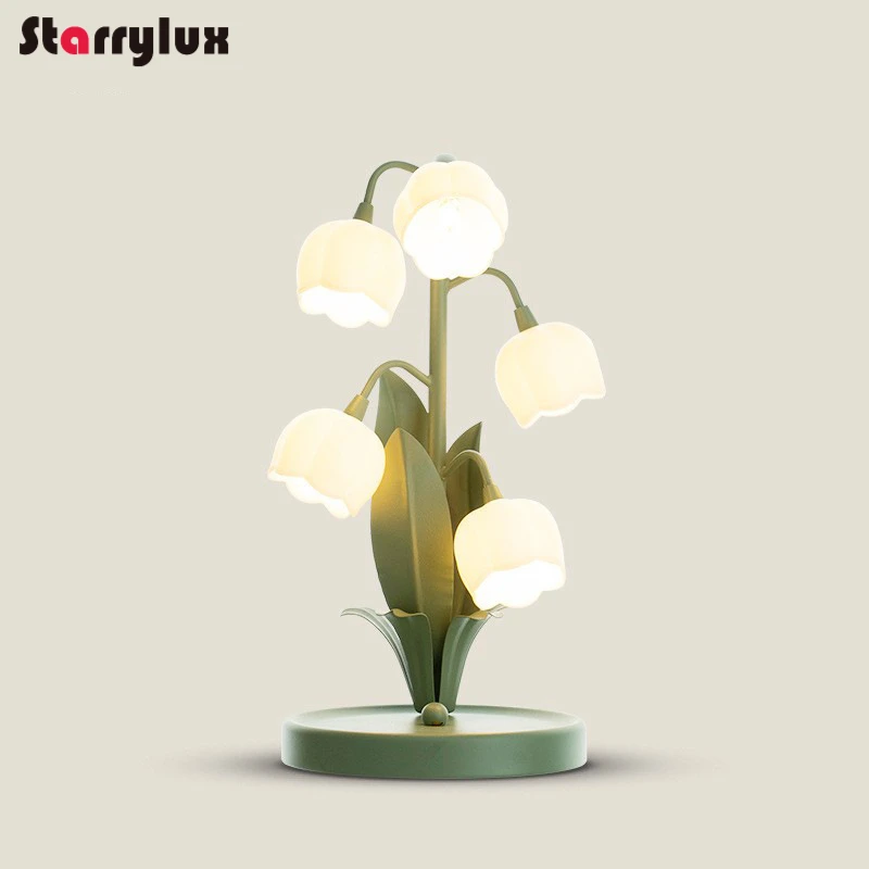 French Country Lily of The Valley Night Light, 5-Bud  LED Bedside Lamp for Bedroom Nordic Decor table lamp