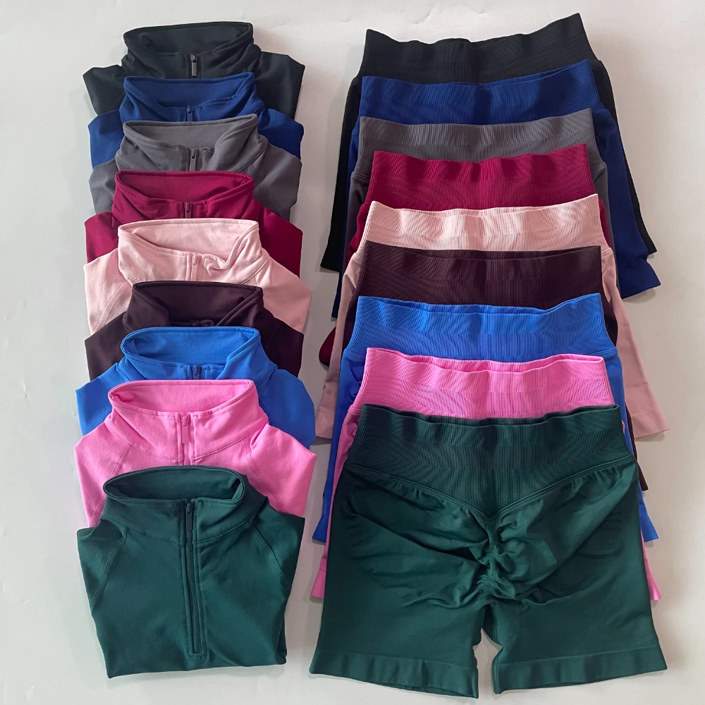 2 Pieces Sets Women Long Sleeve Yoga Set Crop Zippy Top Longline Sports Top Gym Shorts Fitness Suits Running Workout Set Outfit