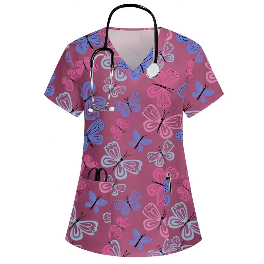 

Clinical Uniform Women Cartoon Bear Print Microelastic V-Neck Dental Women's Scrub Fashion Short Sleeve Tops Surgical Uniforms
