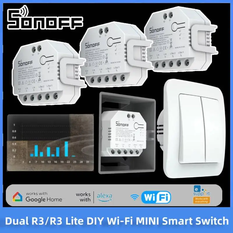 SONOFF DUALR3/R3 Lite Dual Relay Module DIY MINI Power Metering Smart Switch Two Way Smart Home Control via eWeLink Alexa Google