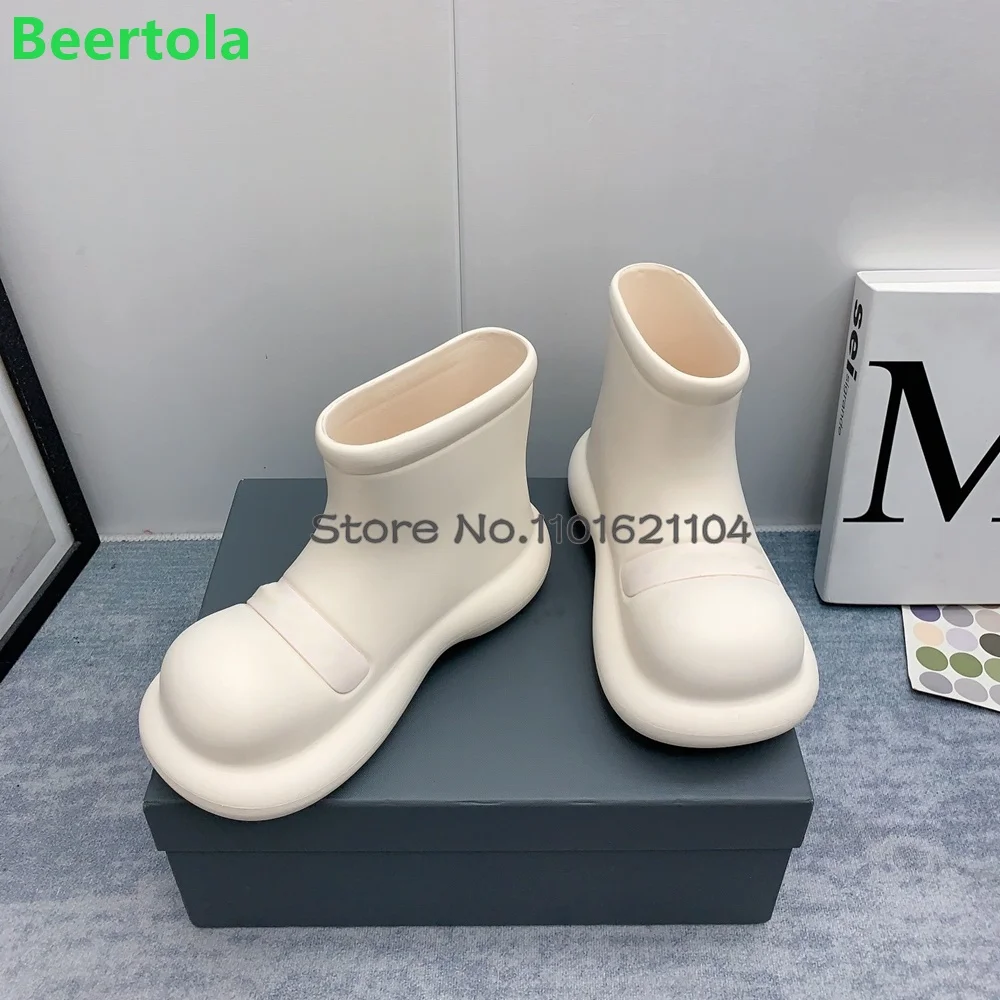 Big Round Toe Short Rain Boots For Female Women 2024 Winter New Slip-on Ankle High Flat With Solid Fashion Runway Casual Shoes