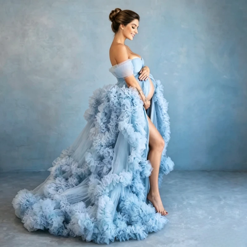 Maternity Photoshoot Dress Off Shoulder 3D Ruffled Tulle Gown Long Train Baby Shower Pregnancy Photo Studio Costume baby shower - view 6