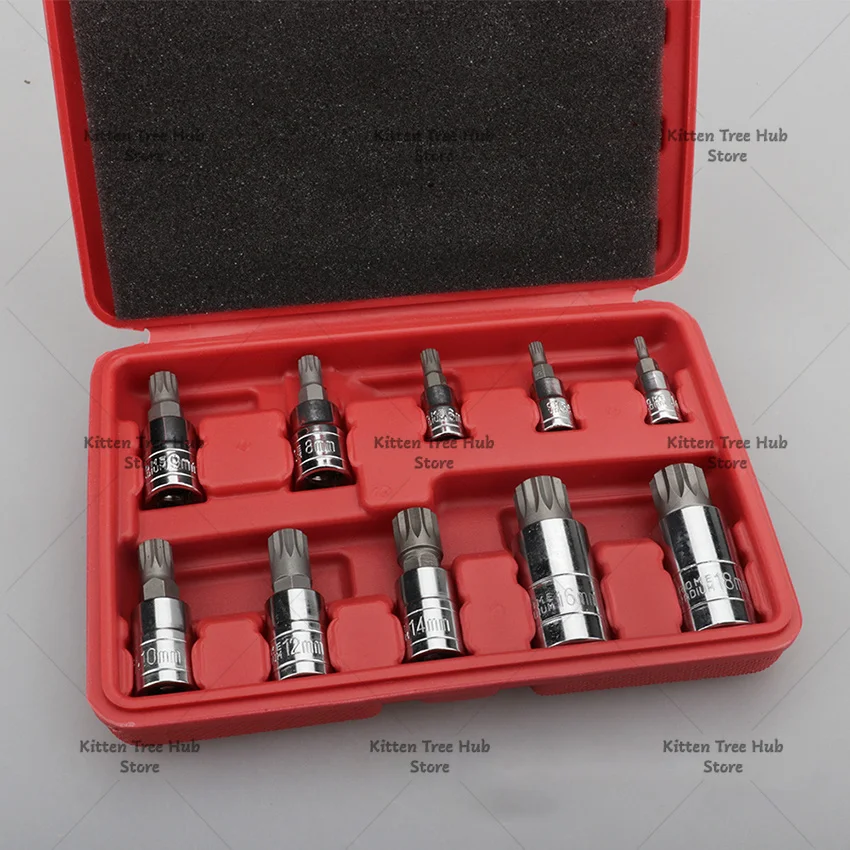 10PCS/Set XZN Tampered Triple Square Spline Bit Socket Driver Set with Storage Box, M4-5-6, M8-9-10-12, M14, M16, 18 - CRV