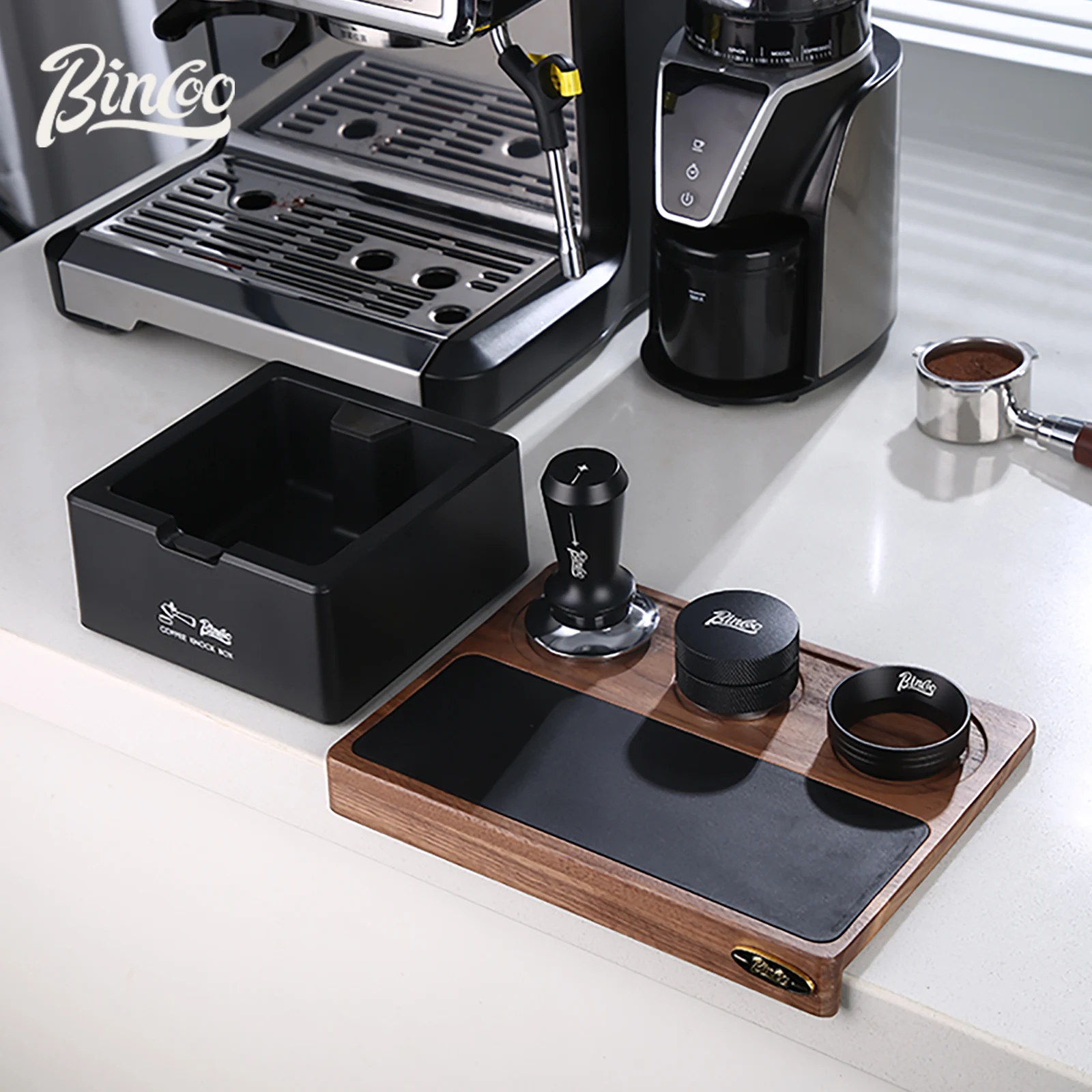 

Bincoo Italian Coffee Pressing Pad Walnut Storage Board Bar Mat Baristas Pressing Powder Hammer Tamper Distributor Set 51mm-58mm