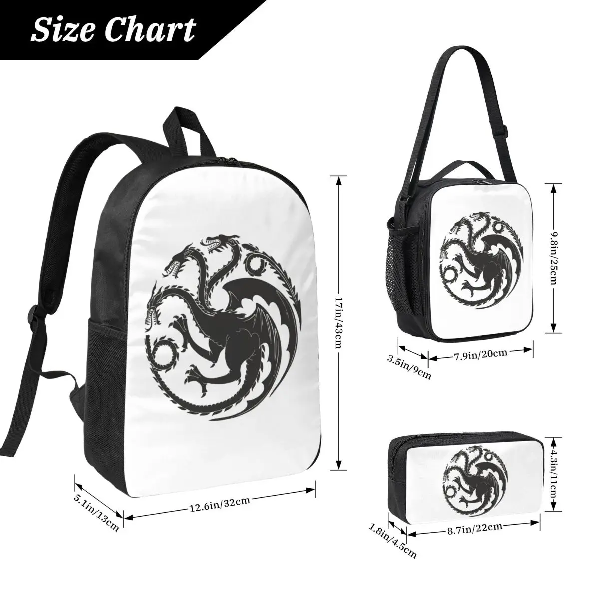 Game Of Thrones House Targaryen Backpack Student BookBag School Bag Computer Shoulder Bags 3ps Insulated Lunch Bag Pencil Case
