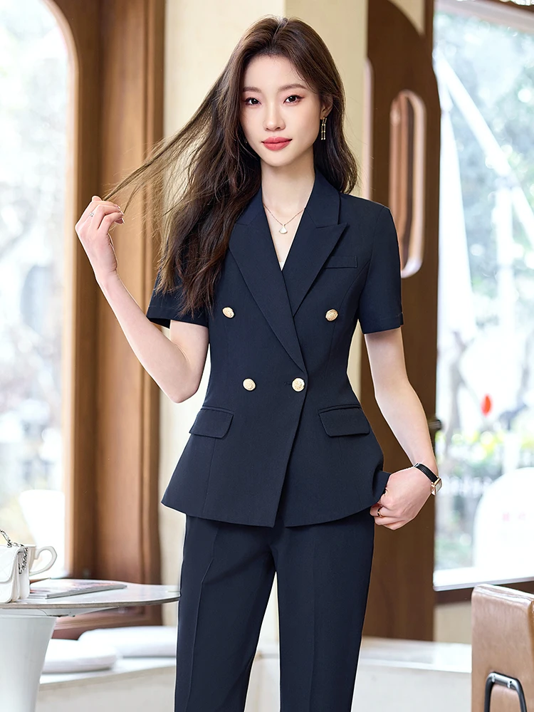 Double-Button Suit Set Women's Summer Thin High-End Sensation College Students Going to Work Interview Flared Pants Formal Wo...