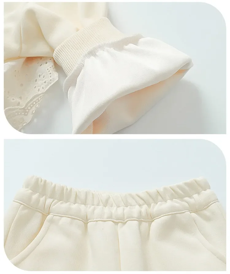 Frühling und Herbst Koreanische Version Plain Mädchen Kleidung Spitze Spleißen kinder Set Langarm Cartoon Gedruckt Top + Hosen – Detail 6