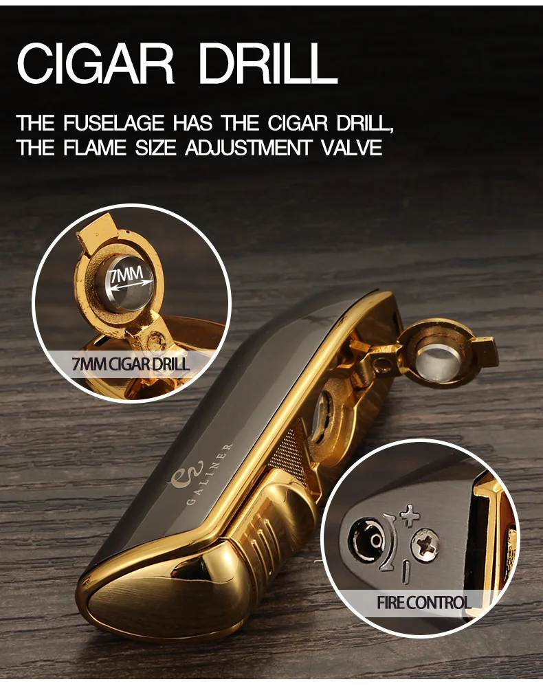 GALINER Metal Cigar Lighter Windproof Portable Butane Gas 3 Torch Jet Lighters Cigar Tool With Cigar Punch