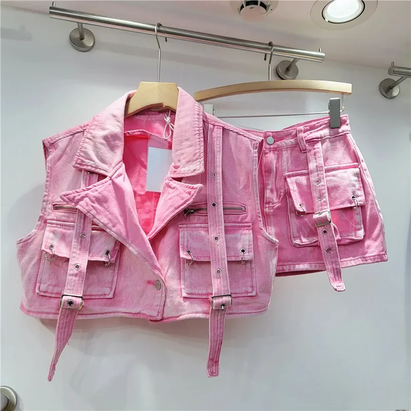 YEAE retro pink big pocket design tooling denim suit women's sleeveless vest short high waist hip skirt tide