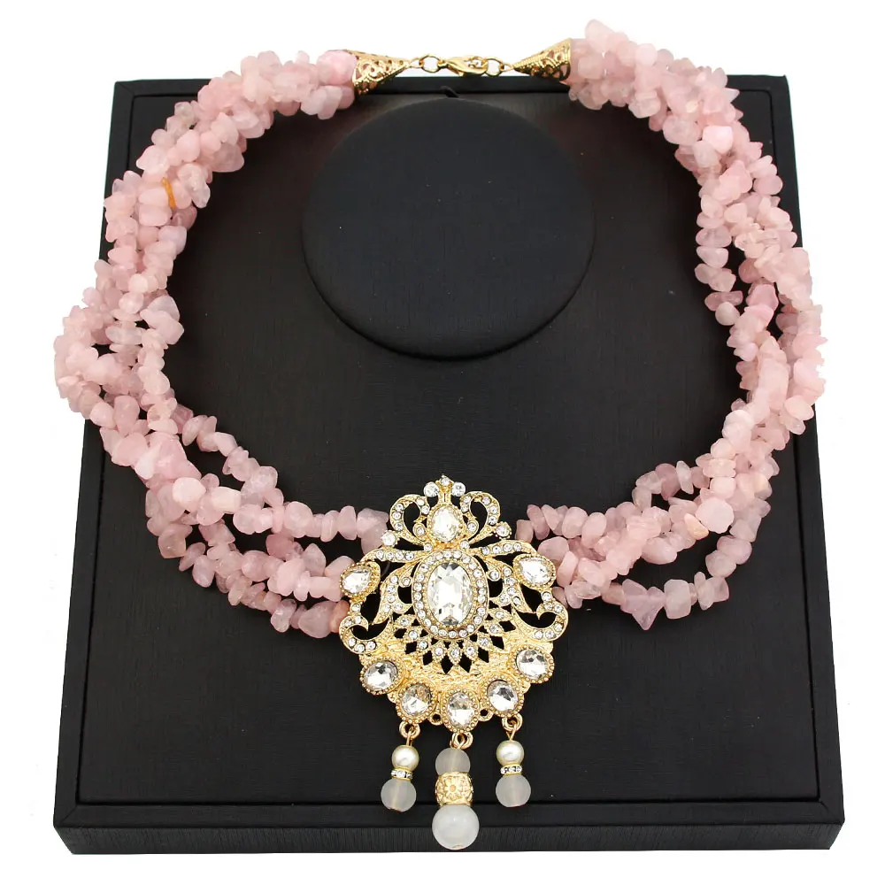 Neovisson Natural Stone Beads Necklace for Women Gold Color Morocco Caftan Jewelry Multilayer Chain Necklace Arab Pearl Choker