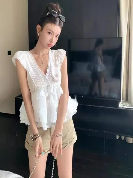 Romantico Puro Desiderio Estate Nuovo Bianco V-ne ort Lace Trim Fly Sve Top sexy Sottile da donna irt Coreano Sle Slim Fit