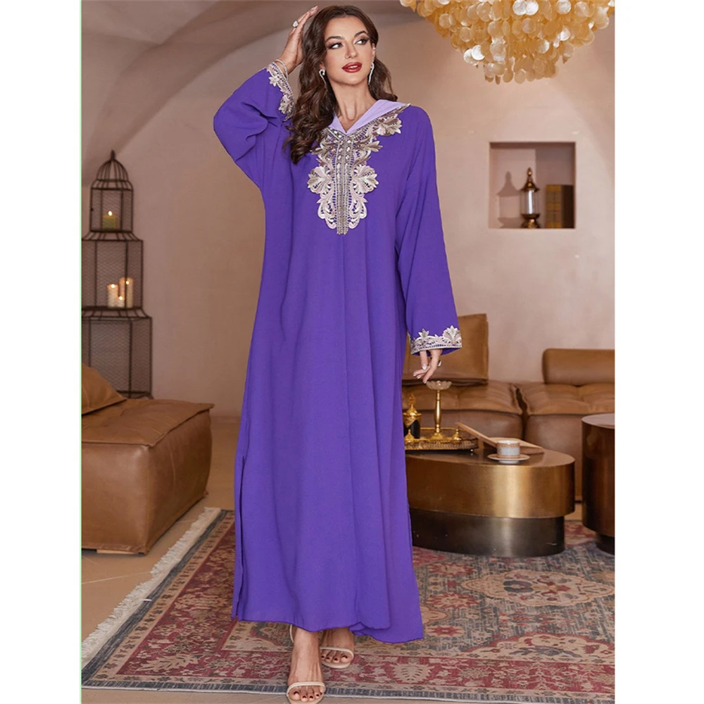 

Fashion Muslim Women Embroidery Maxi Dress Dubai Turkey Abaya Hooded Kaftan Eid Djellaba Marocain Jalabiya Ramadan Caftan Robe
